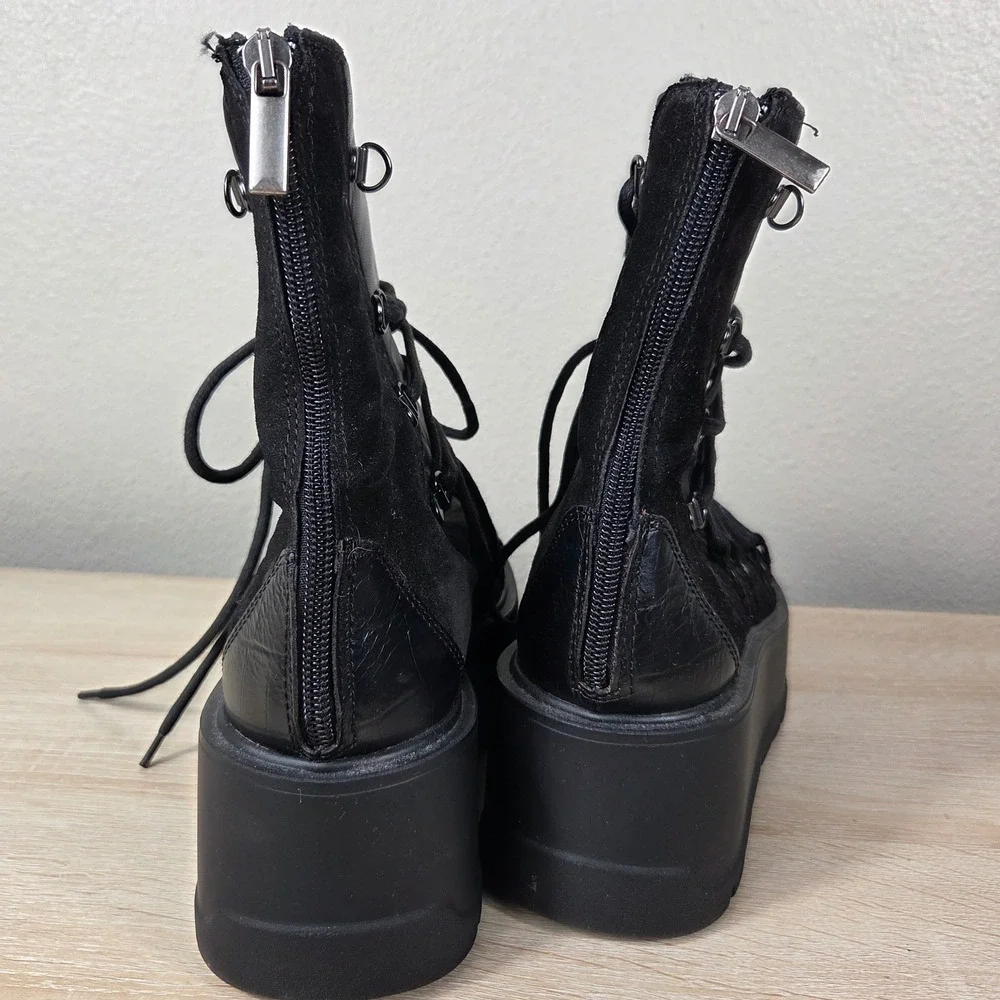 Free People Simone Wedge Boots Black Leather Suede Lace Up Women's EU 38